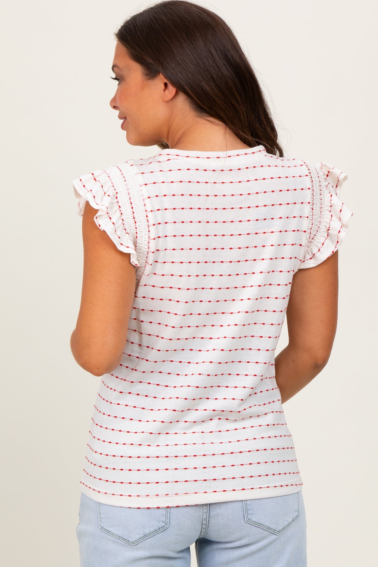 Red Dotted Stripe Ruffle Sleeve Maternity Top