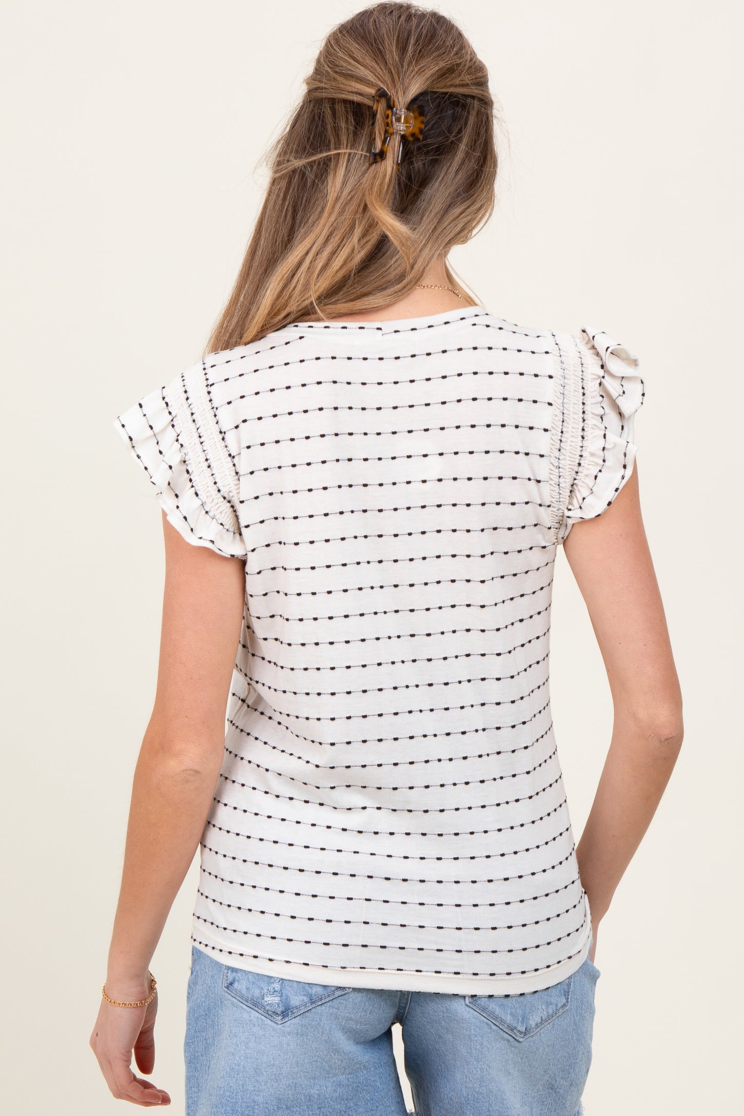 Black Dotted Stripe Ruffle Sleeve Maternity Top