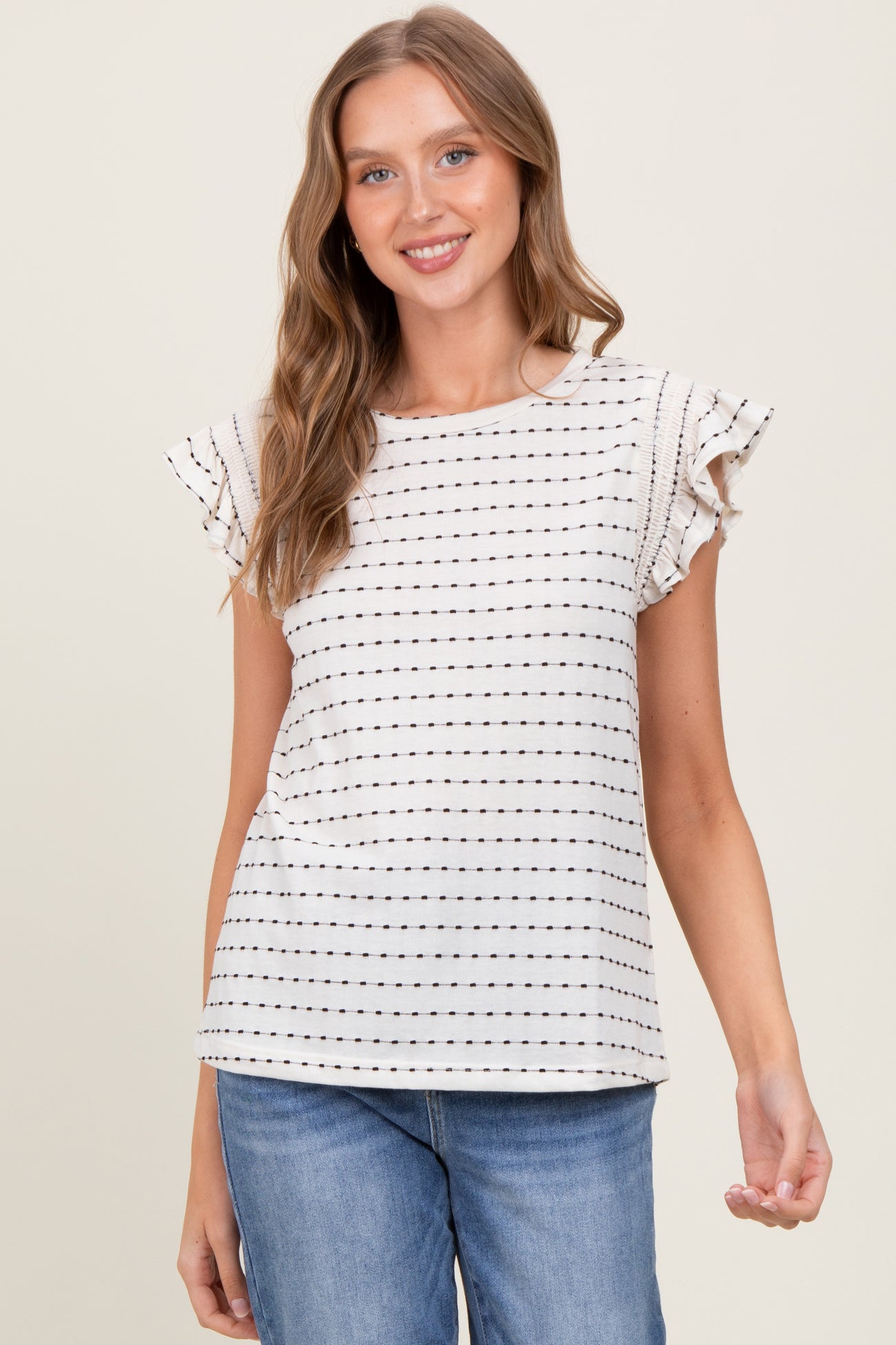 Black Dotted Stripe Ruffle Sleeve Maternity Top