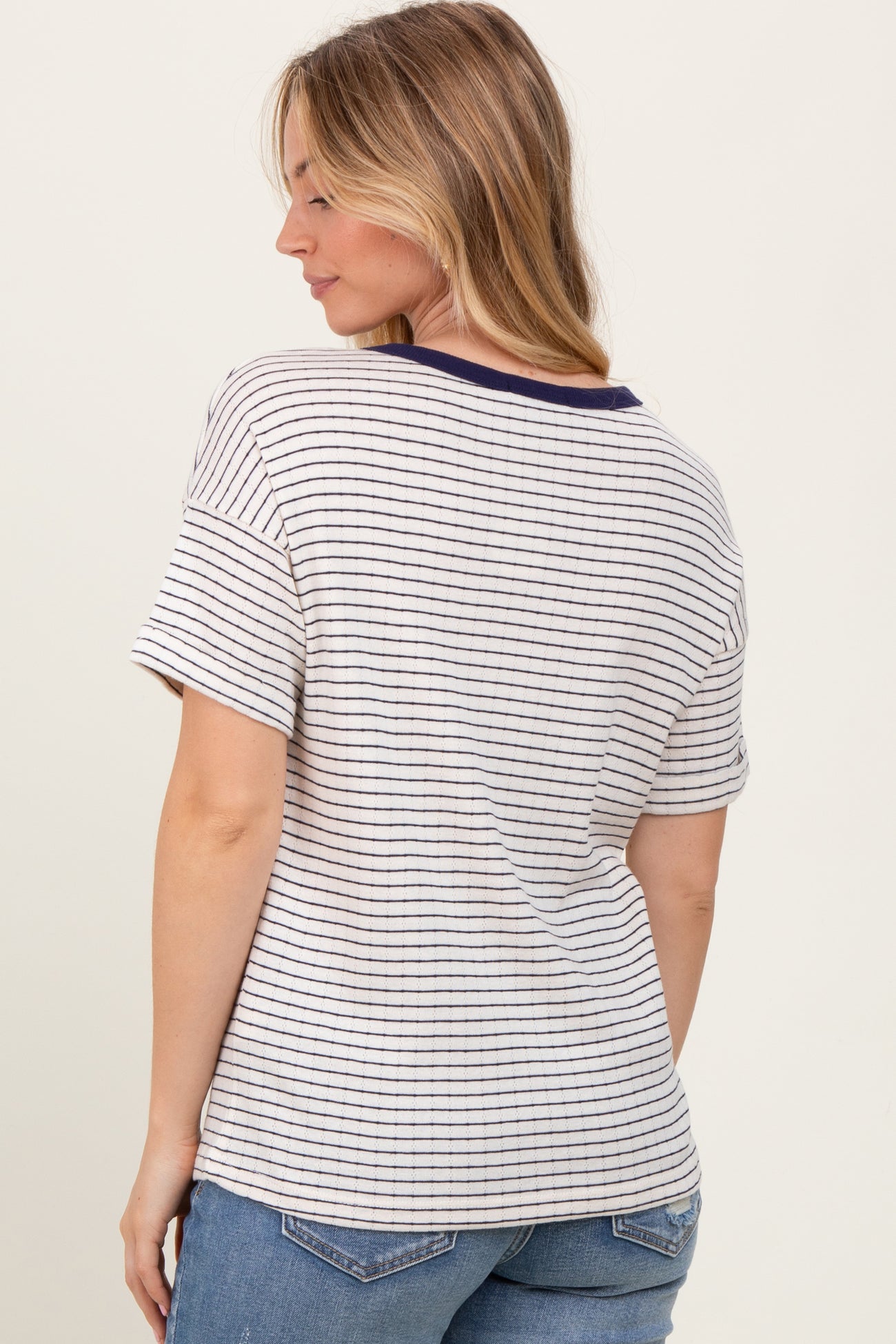 Navy Pointelle Knit Striped Top