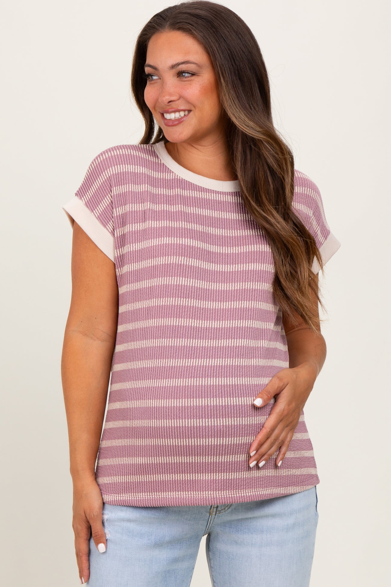 Mauve Textured Striped Maternity Short Sleeve Top
