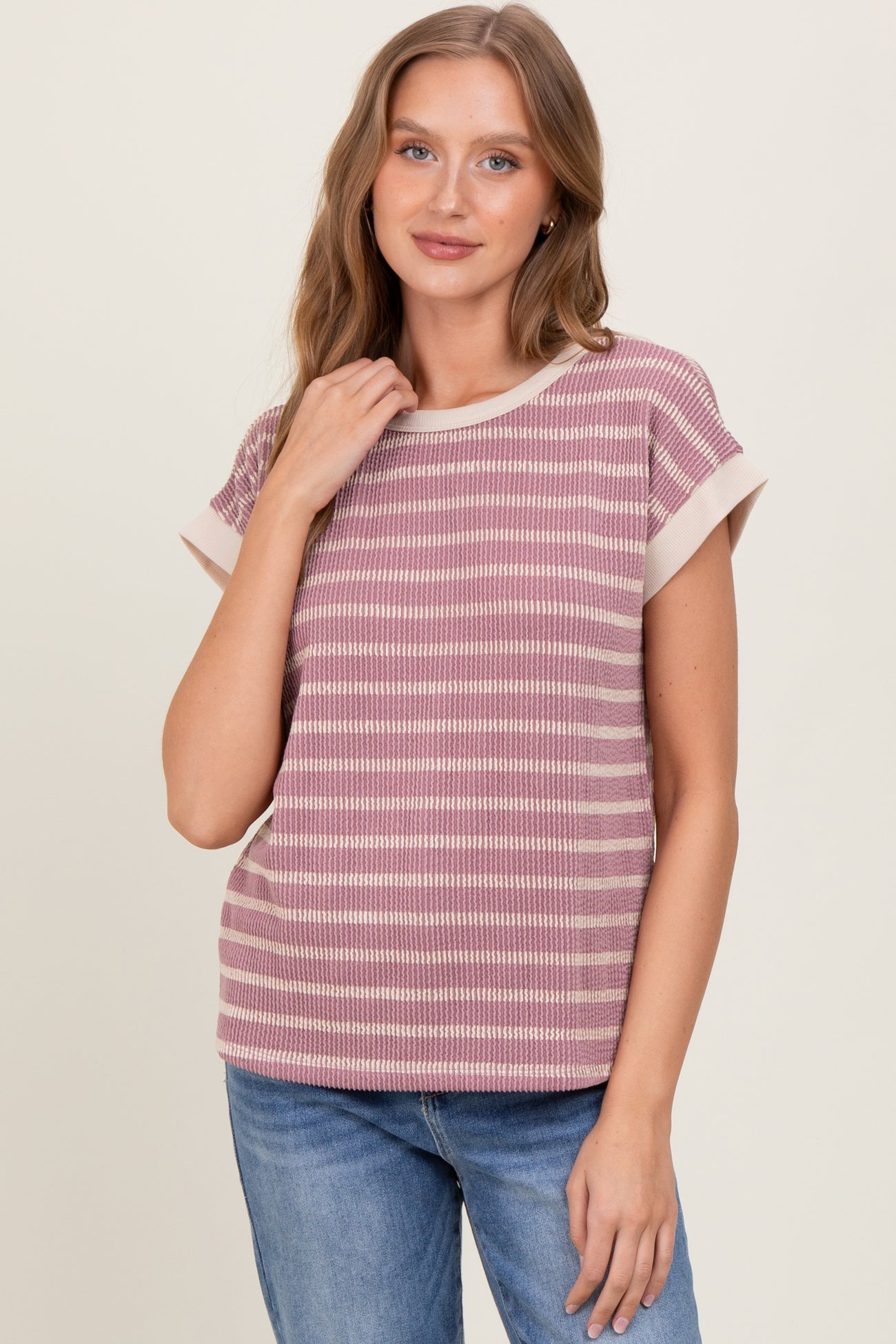 Mauve Textured Striped Short Sleeve Top