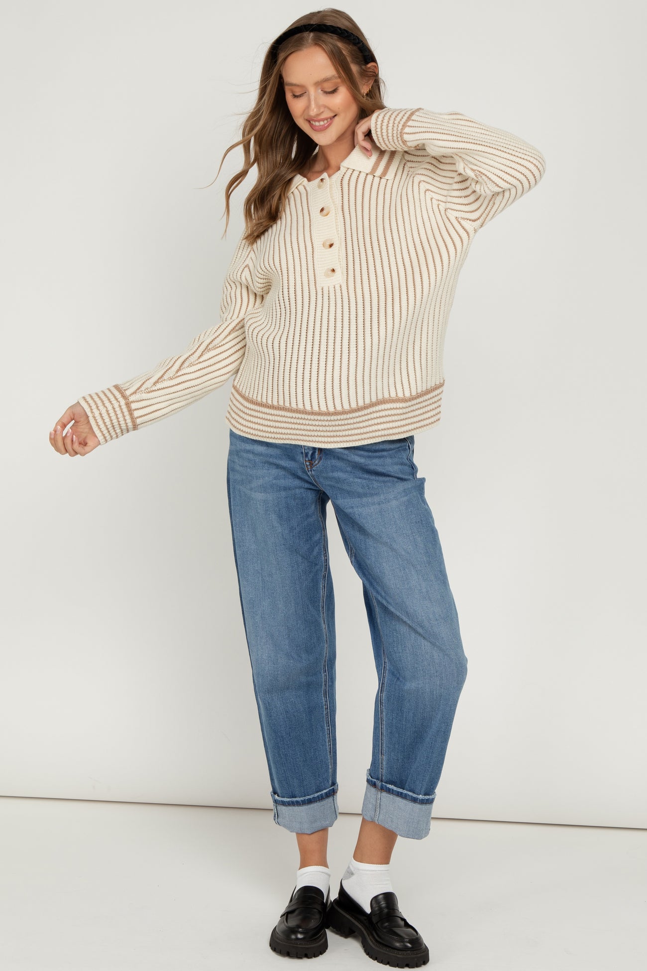 Navy Rolled Cuffed Barrel Leg Maternity Jeans