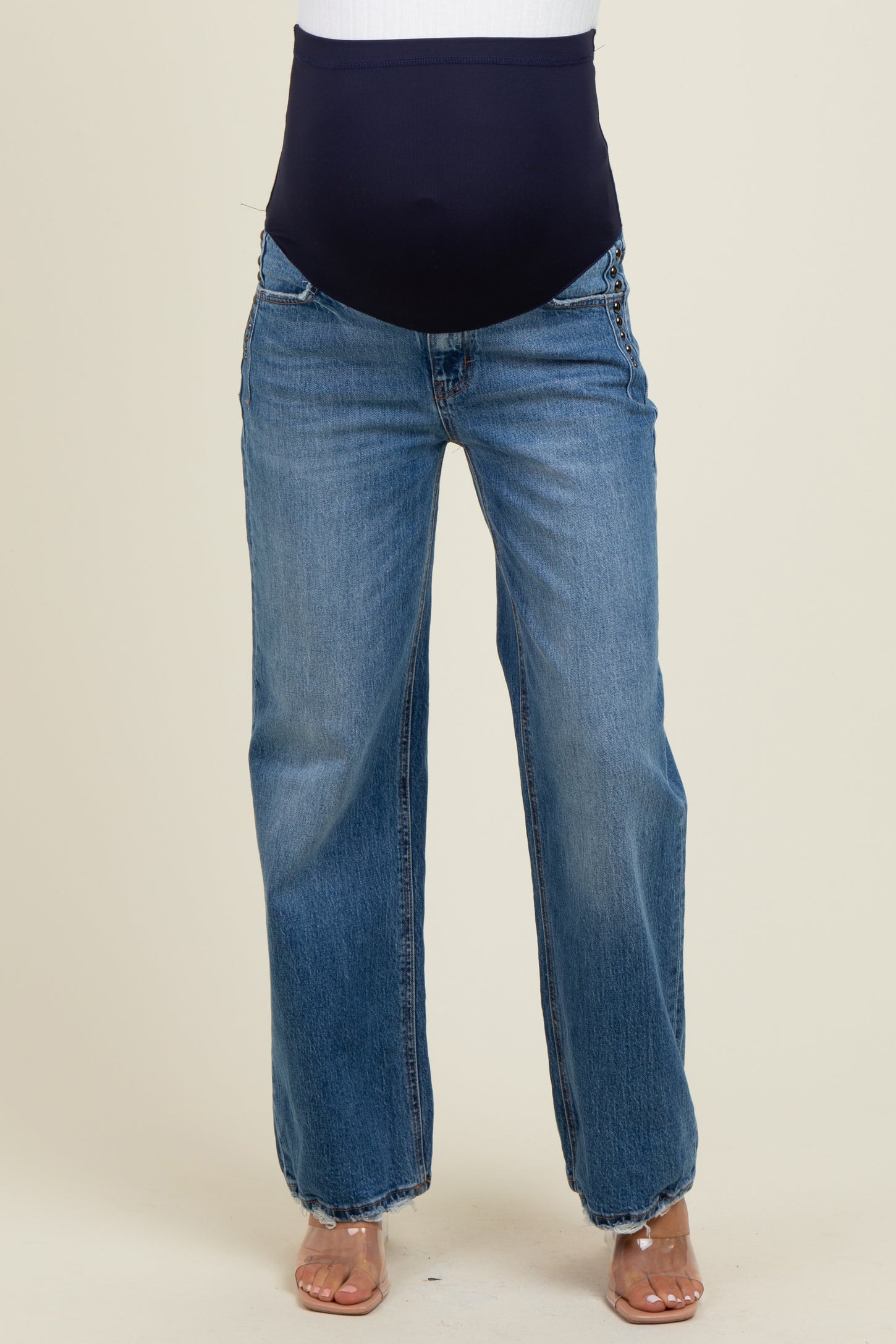 Navy Blue Stud Side Detail Maternity Wide Leg Jeans