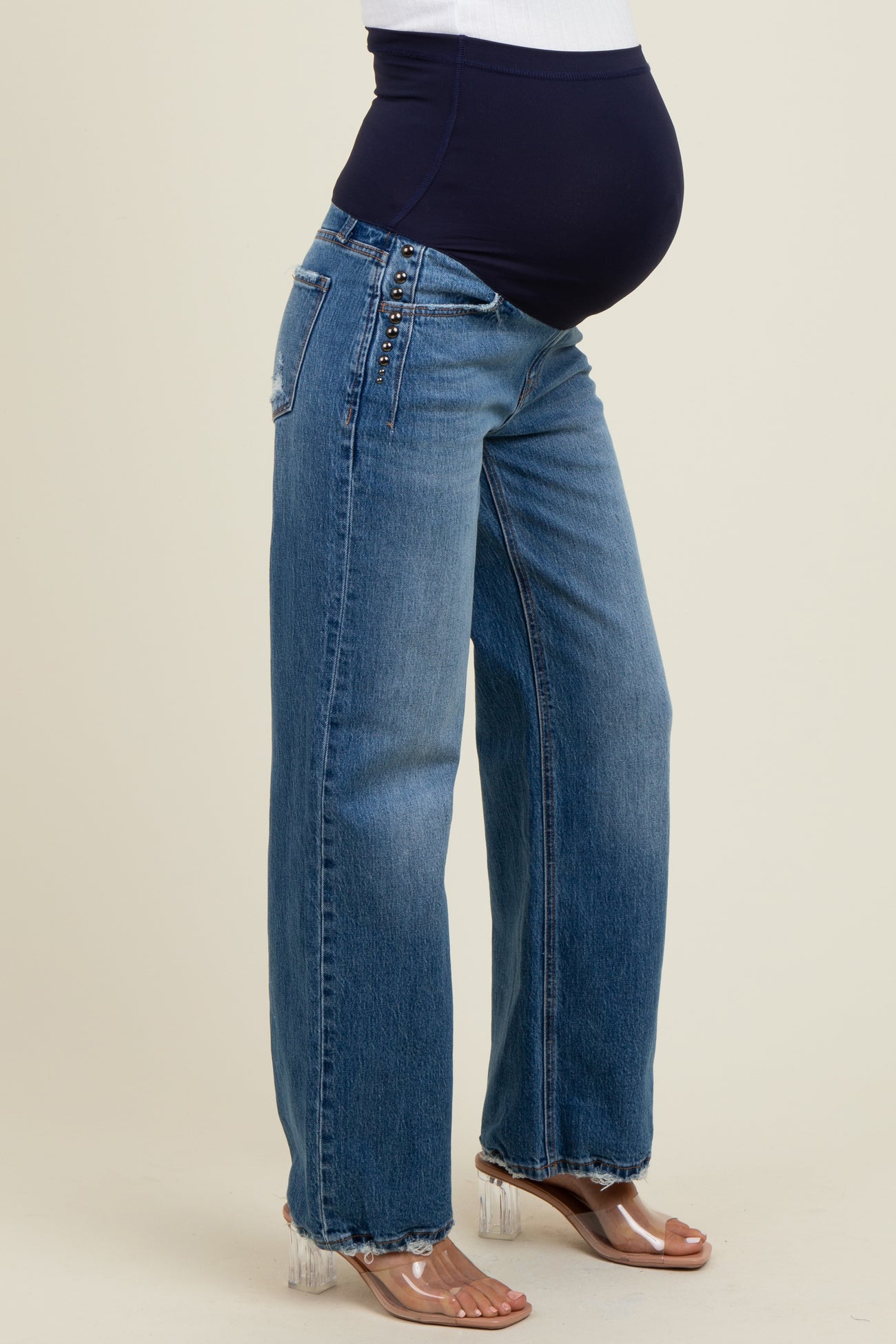 Navy Blue Stud Side Detail Maternity Wide Leg Jeans