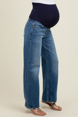 Navy Blue Stud Side Detail Maternity Wide Leg Jeans