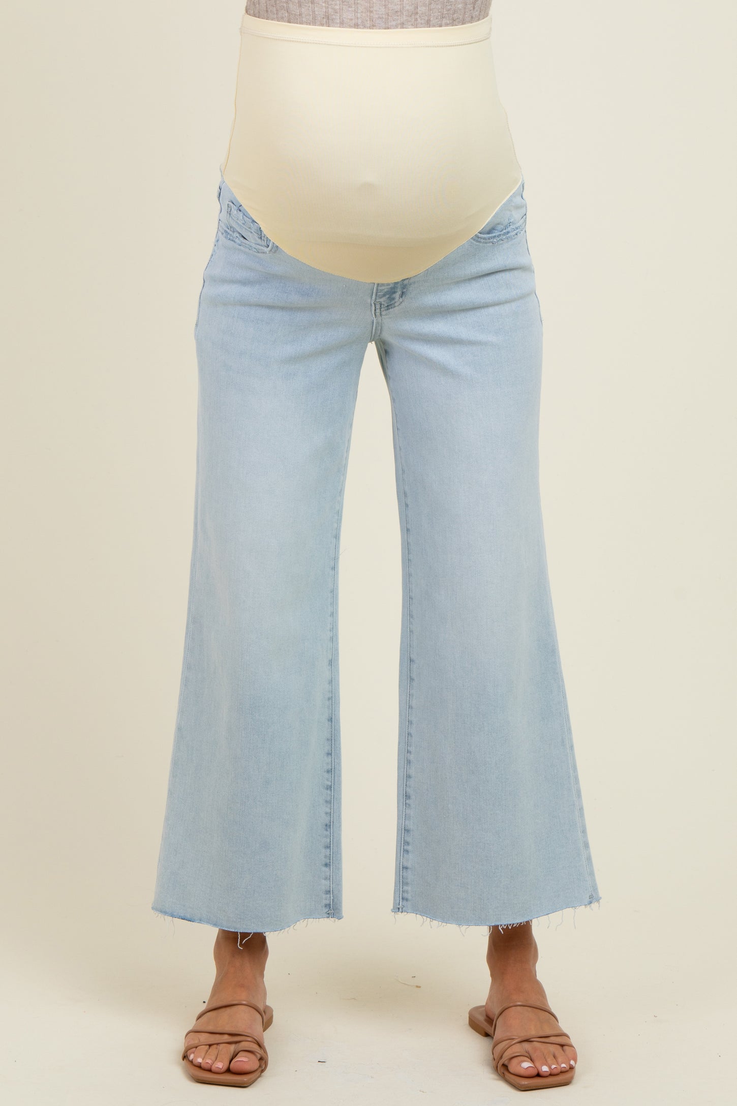 Light Blue Raw Hem Cropped Wide Leg Maternity Jeans