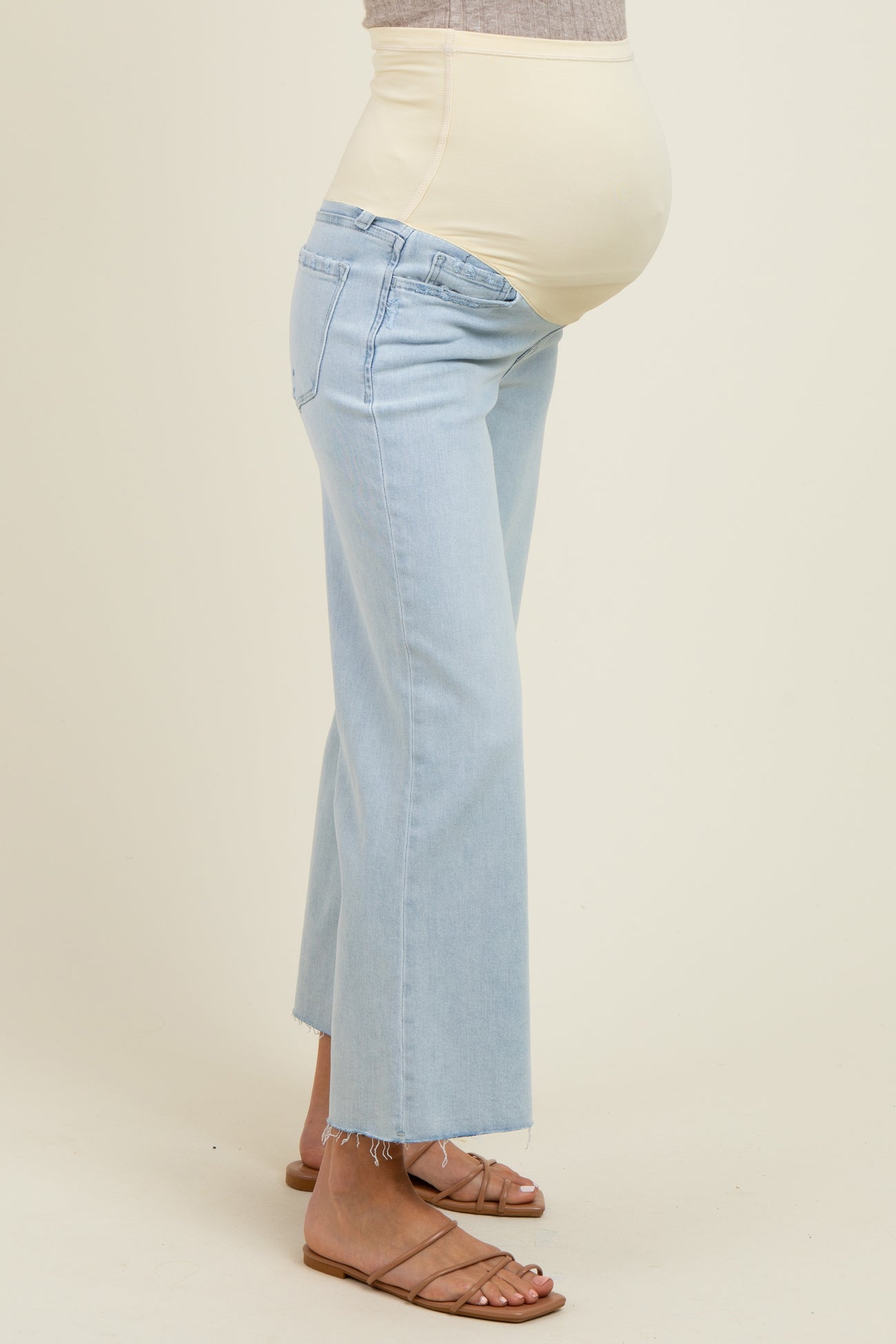 Light Blue Raw Hem Cropped Wide Leg Maternity Jeans