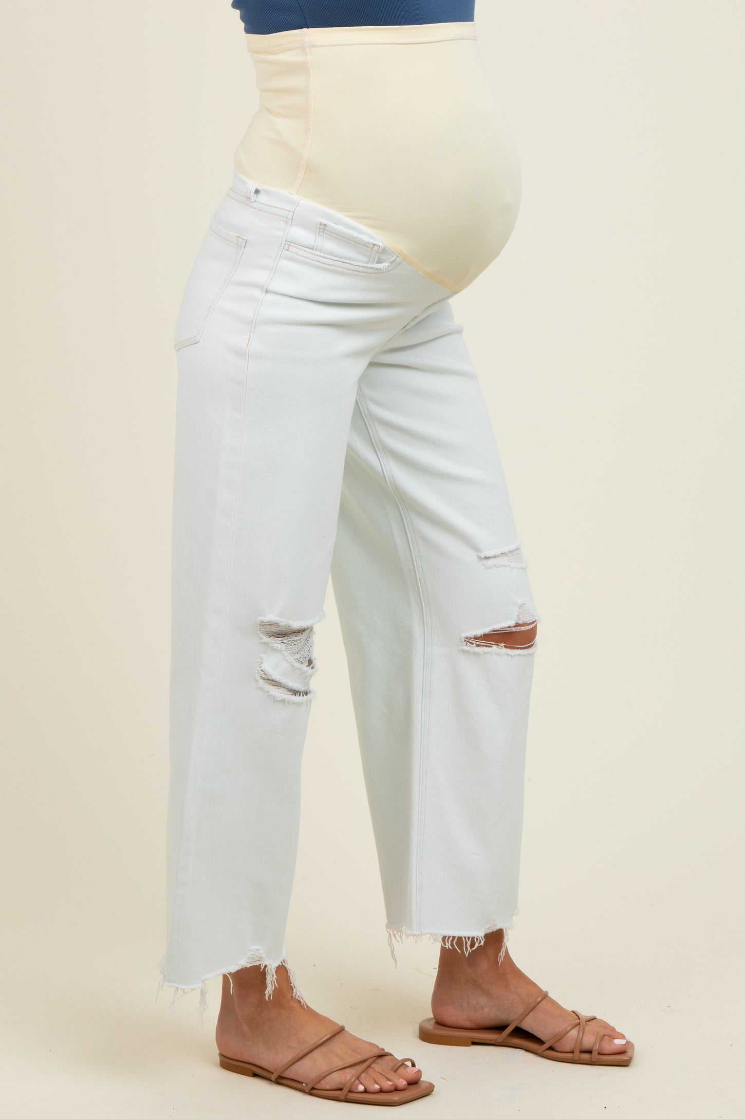 Light Blue Distressed Open Knee Cropped Wide Leg Maternity Jeans