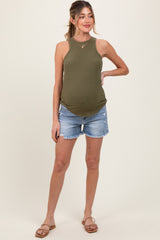 Light Blue Distressed Fringe Hem Maternity Shorts