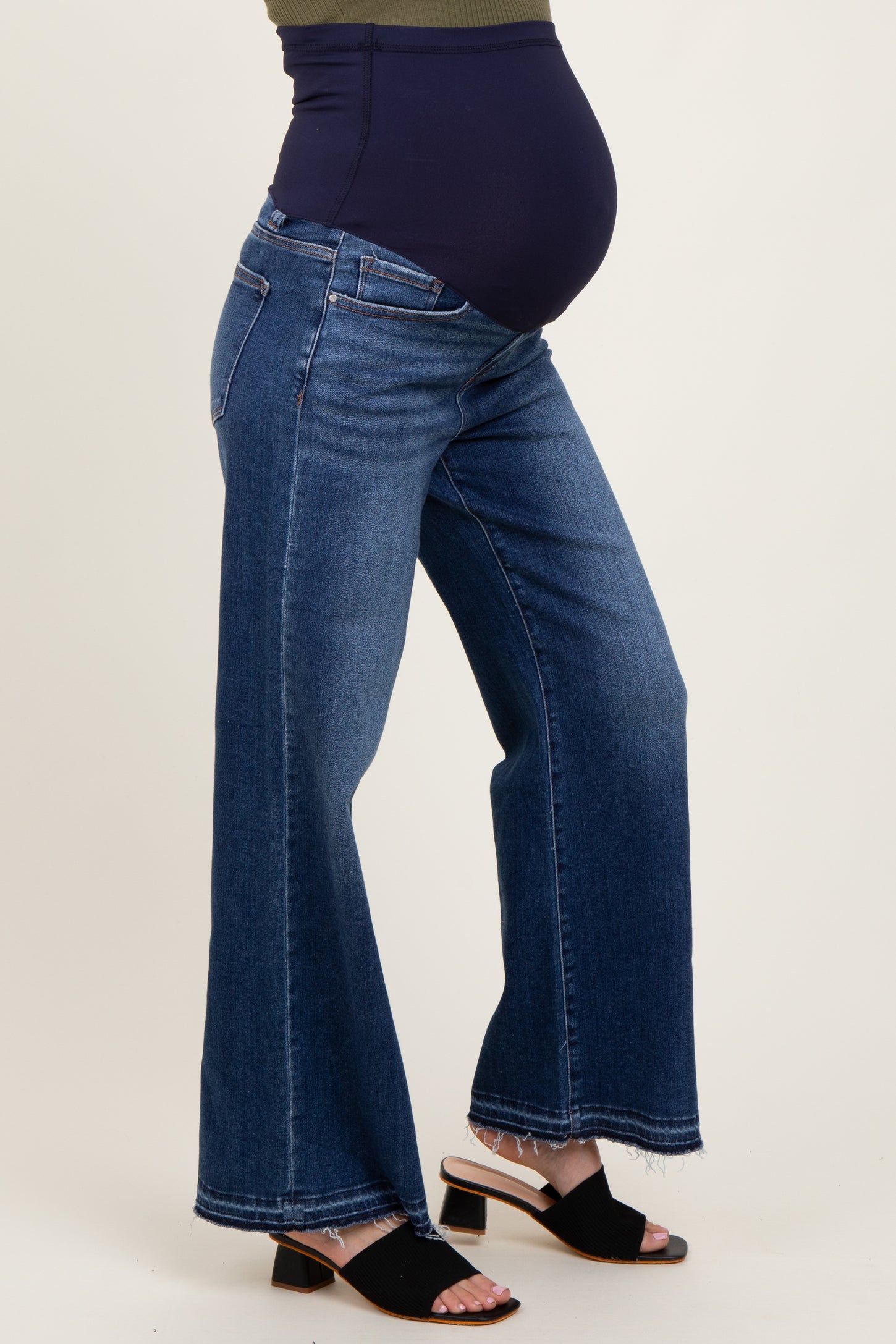 Navy Distressed Raw Hem Wide Leg Maternity Jeans