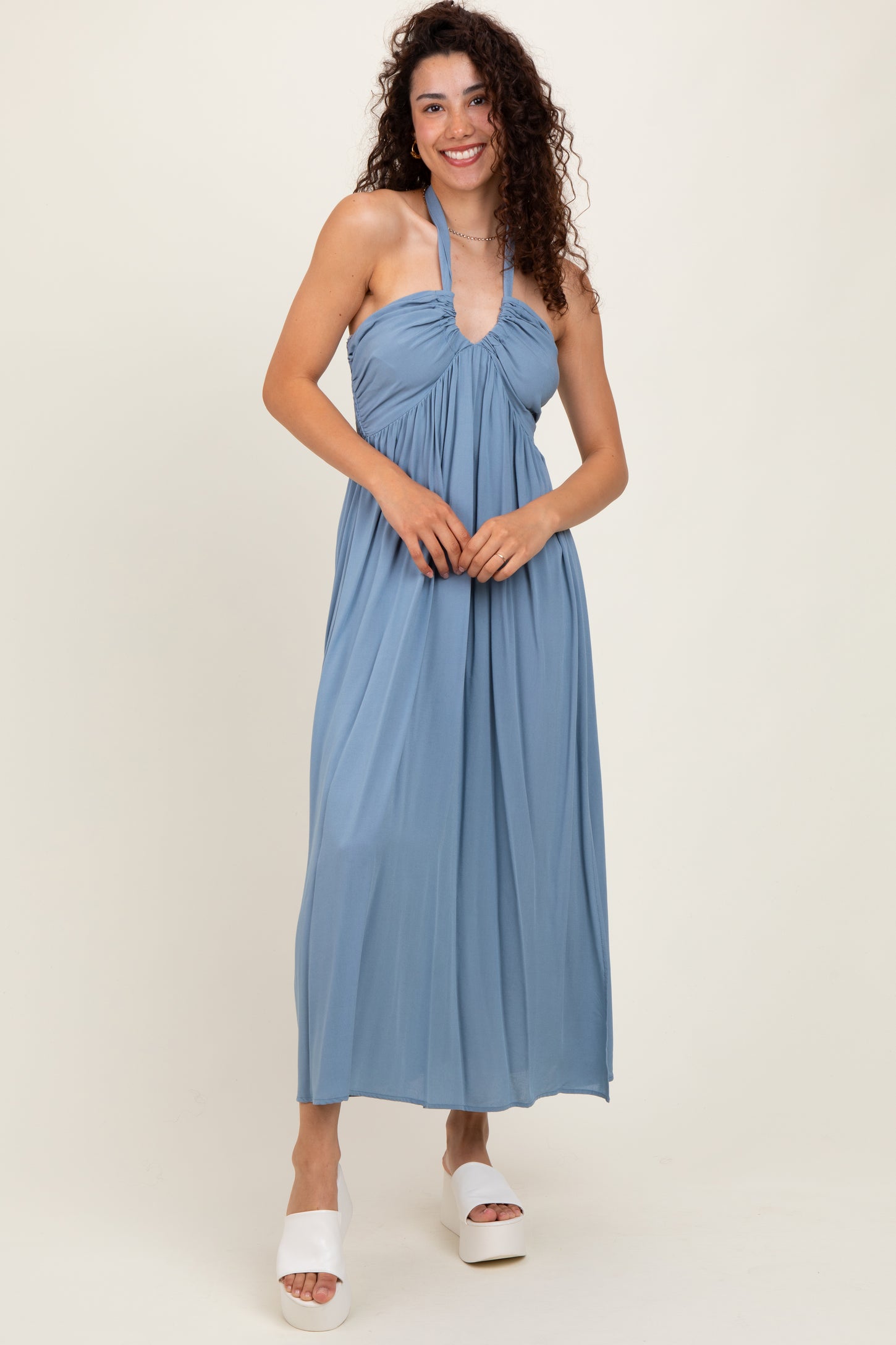 Blue Halter Neck Side Slit Maternity Midi Dress