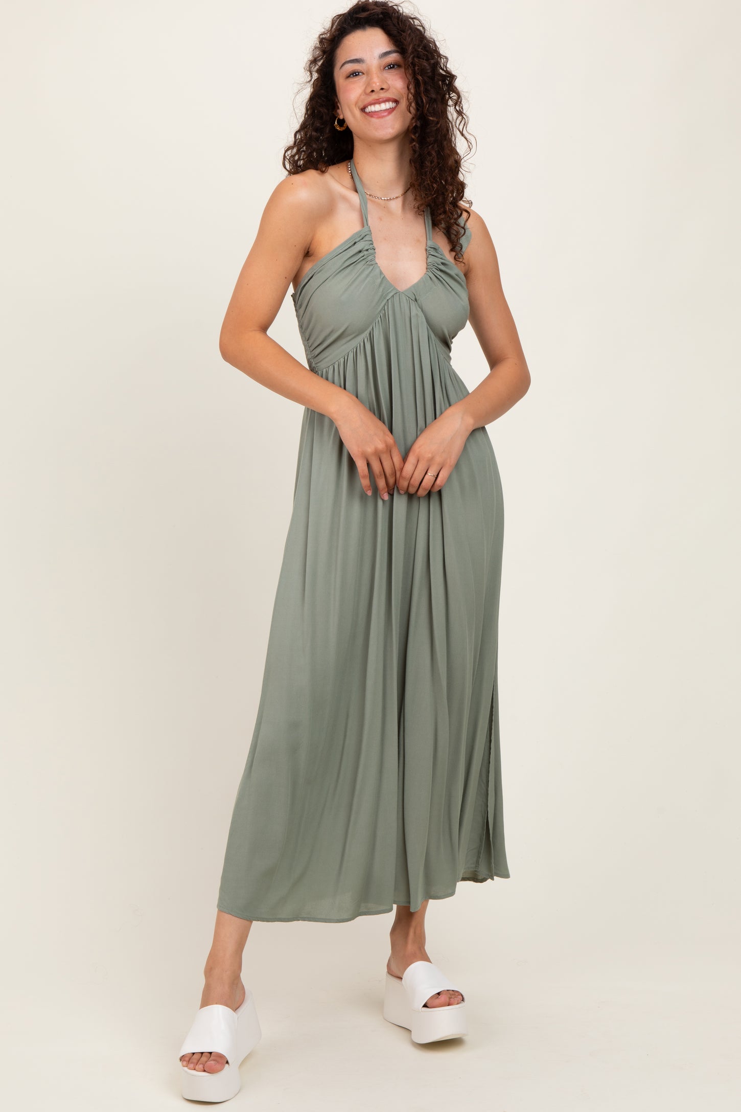Light Olive Halter Neck Side Slit Midi Dress