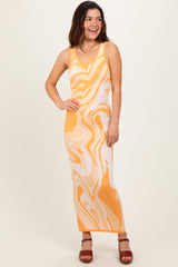 Yellow Abstract Print Knit Fitted Midi Dress