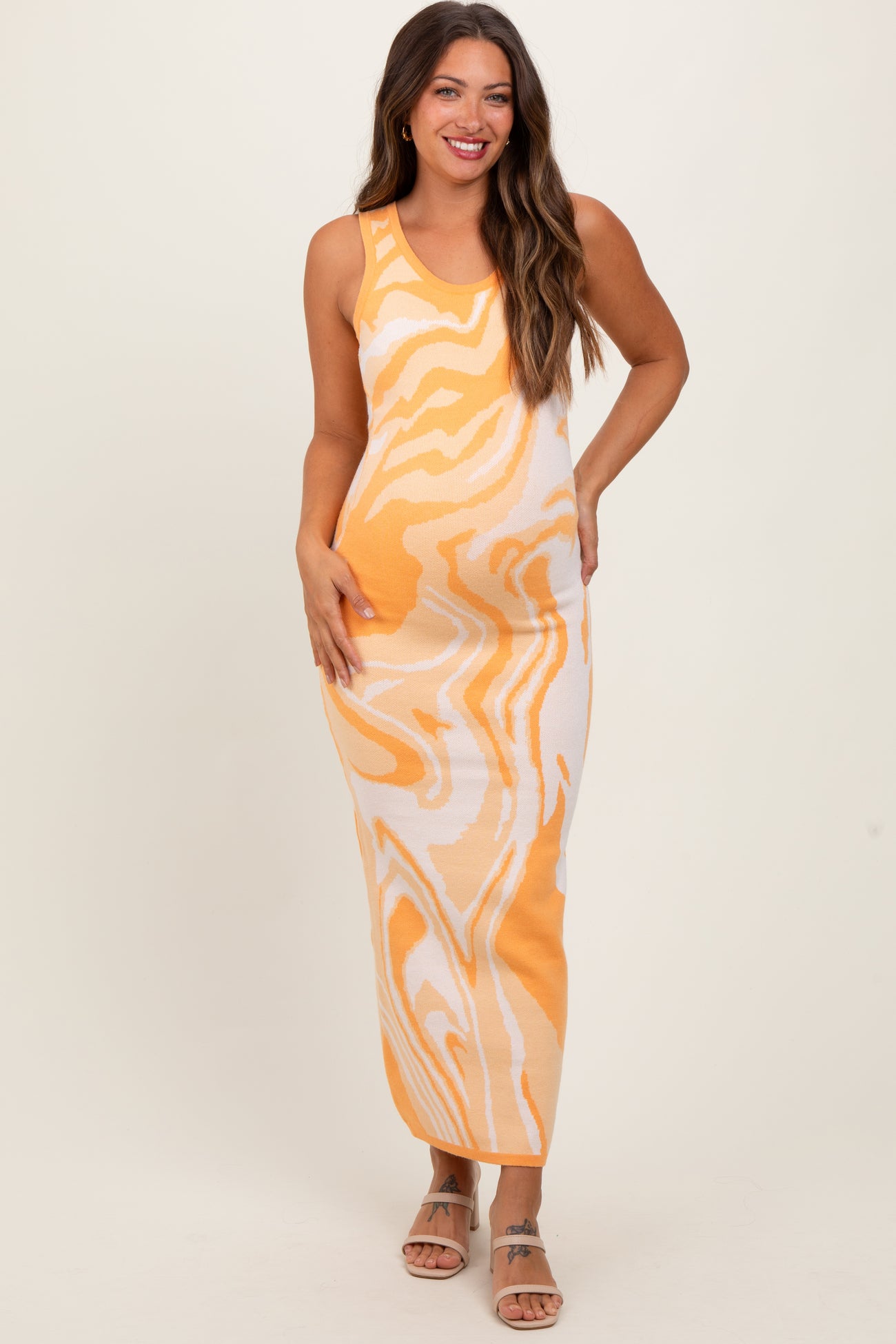Yellow Abstract Print Knit Fitted Maternity Midi Dress