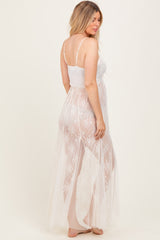 Cream Sheer Floral Lace Maternity Photoshoot Dress