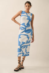 Blue Abstract Print Knit Sleeveless Maternity Midi Dress