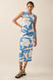 Blue Abstract Print Knit Sleeveless Midi Dress
