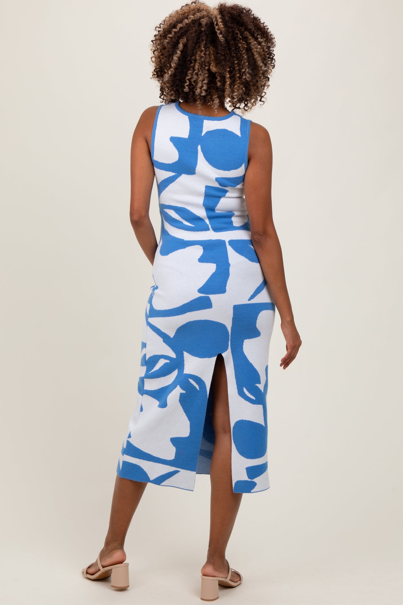 Blue Abstract Print Knit Sleeveless Maternity Midi Dress