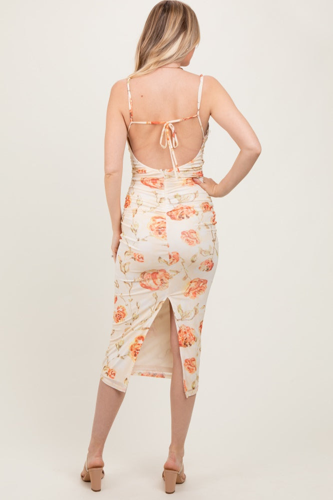 Cream Floral Ruched Low Tie Back Midi Dress
