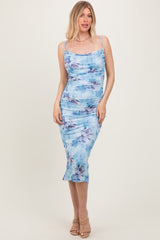 Light Blue Floral Ruched Low Tie Back Midi Dress