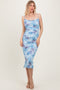 Light Blue Floral Ruched Low Tie Back Midi Dress