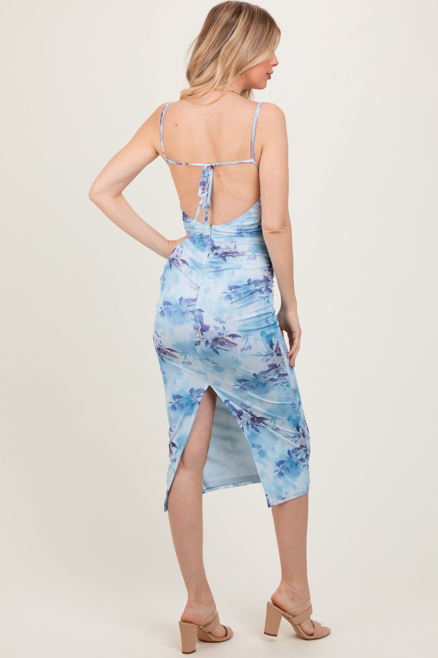 Light Blue Floral Ruched Low Tie Back Midi Dress