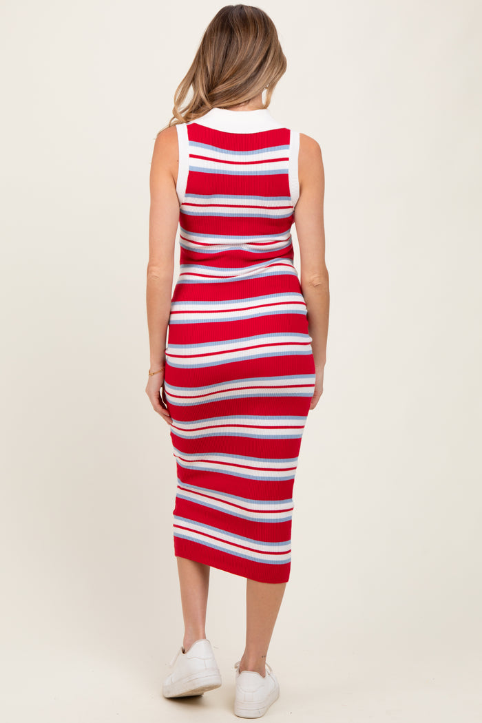 Red Striped Knit Sleeveless Polo Maternity Midi Dress