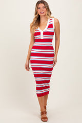 Red Striped Knit Sleeveless Polo Midi Dress