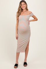 Mocha Striped Ribbed Off Shoulder Maternity Midi Dress