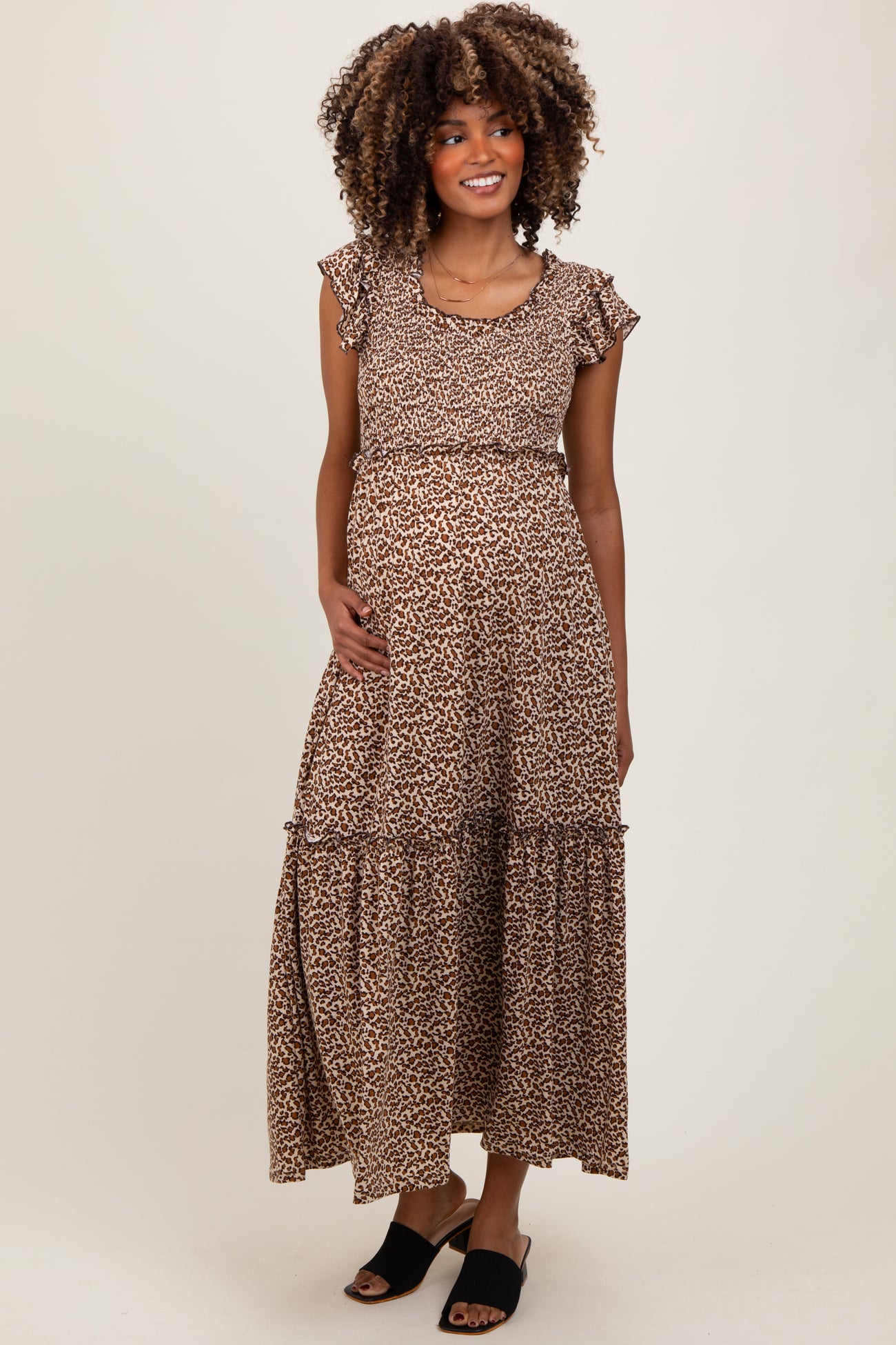 Mocha Leopard Print Ruffle Sleeve Tiered Maternity Maxi Dress
