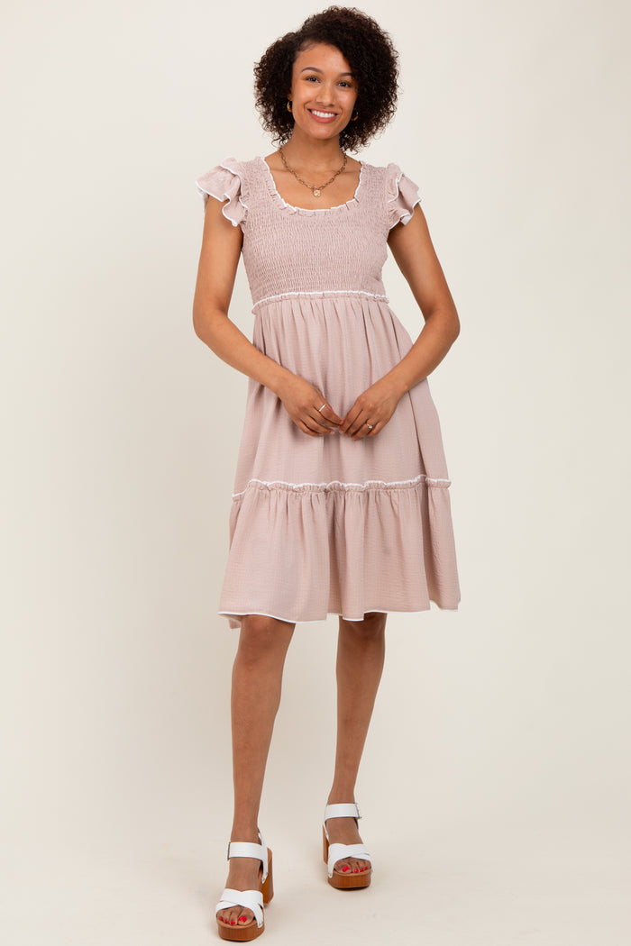 Taupe Solid Ruffle Trim Smocked Dress