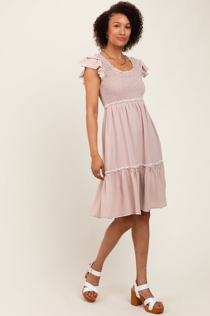 Taupe Solid Ruffle Trim Smocked Dress