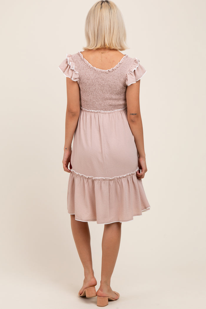 Taupe Solid Ruffle Trim Smocked Maternity Dress