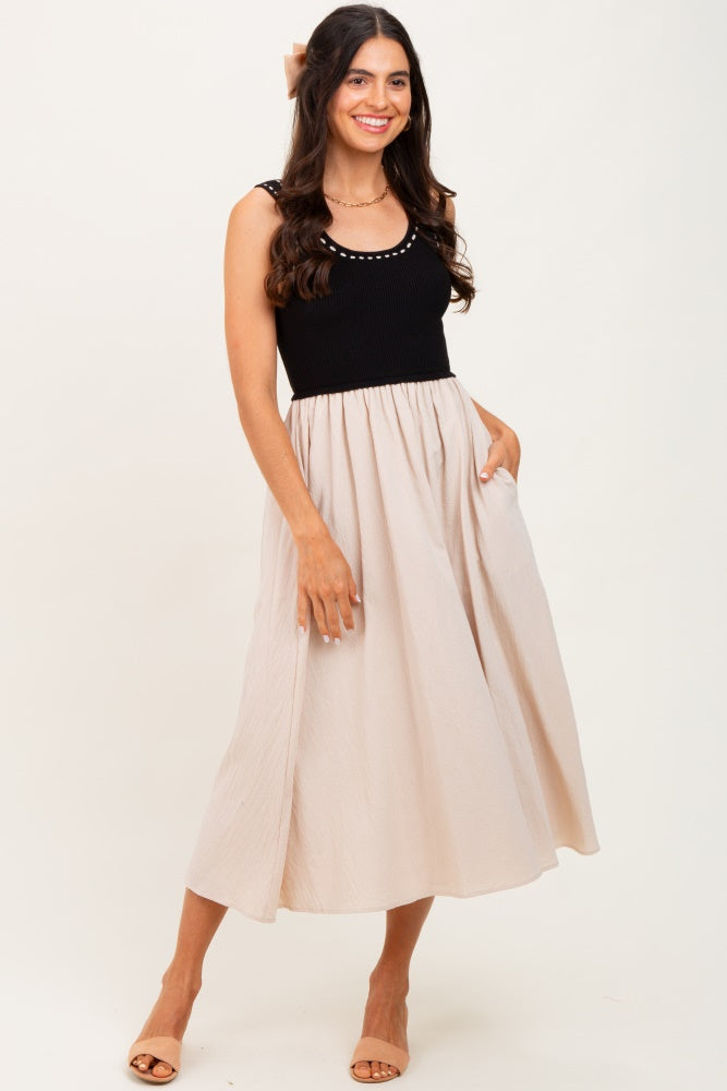 Black Ribbed Top Contrast Sleeveless Maternity Midi Dress
