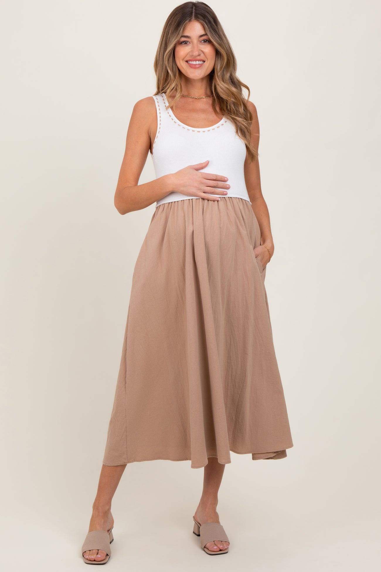 Ivory Ribbed Top Contrast Sleeveless Maternity Midi Dress