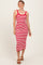 woman wearing a red and white striped midi dress with thin straps and a fitted silhouette