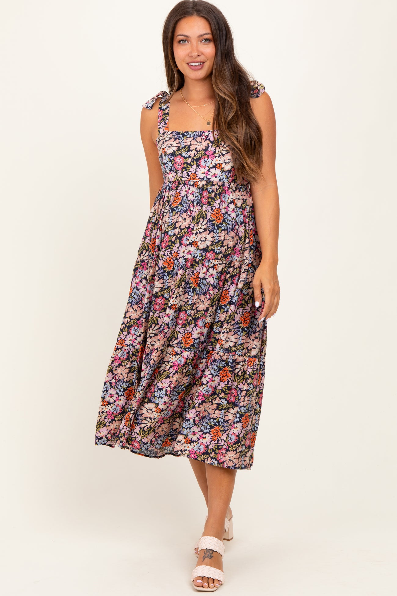 Navy Floral Shoulder Tie Maternity Midi Dress