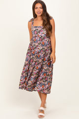 Navy Floral Shoulder Tie Maternity Midi Dress