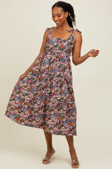 Navy Floral Shoulder Tie Midi Dress