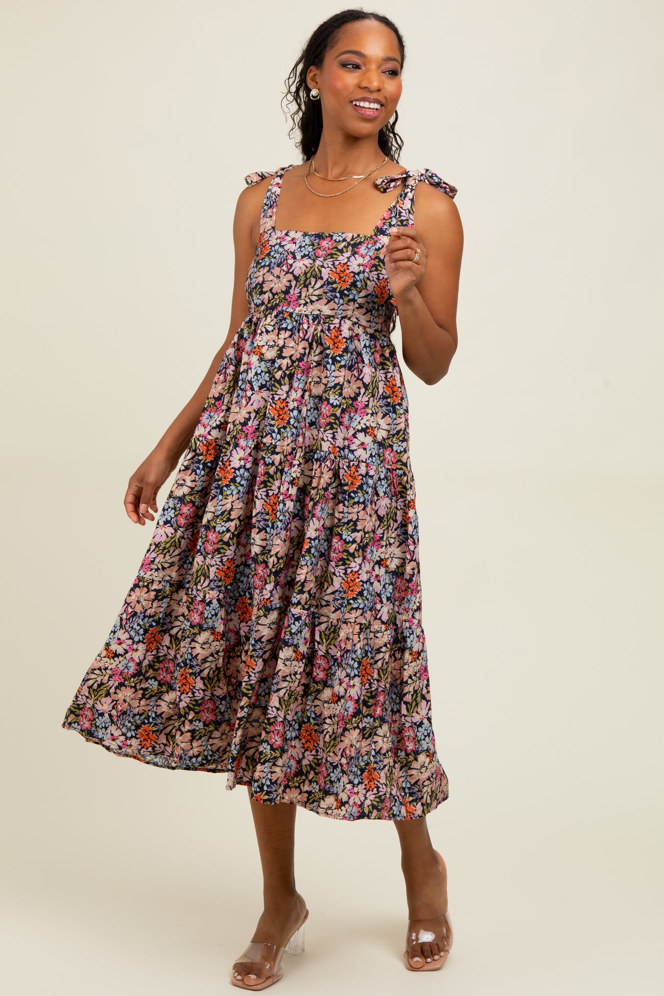 Navy Floral Shoulder Tie Midi Dress
