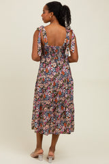 Navy Floral Shoulder Tie Midi Dress