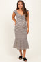 Beige Striped Front Tie Lace Trim Fitted Maternity Midi Dress
