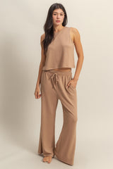 Taupe Sleeveless Top And Wide Leg Pants Maternity Set