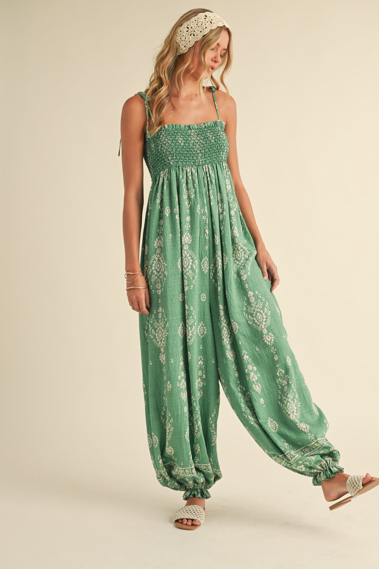Green Printed Smocked Shoulder Tie Jumpsuit