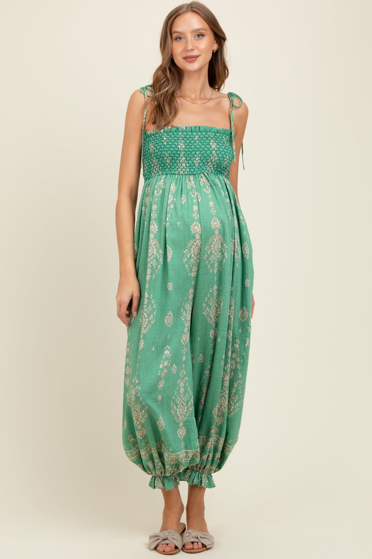 Green Printed Smocked Shoulder Tie Maternity Jumpsuit