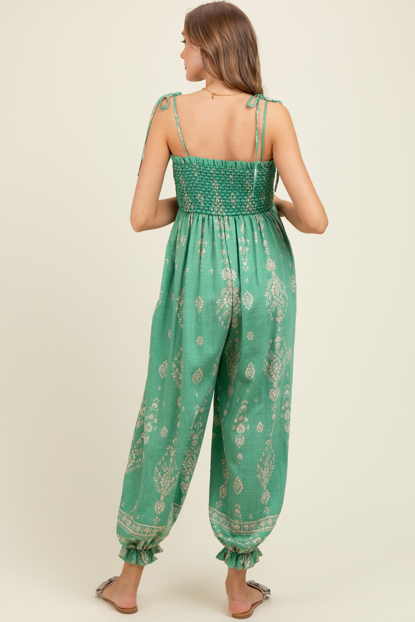 Green Printed Smocked Shoulder Tie Maternity Jumpsuit