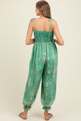 Green Printed Smocked Shoulder Tie Maternity Jumpsuit