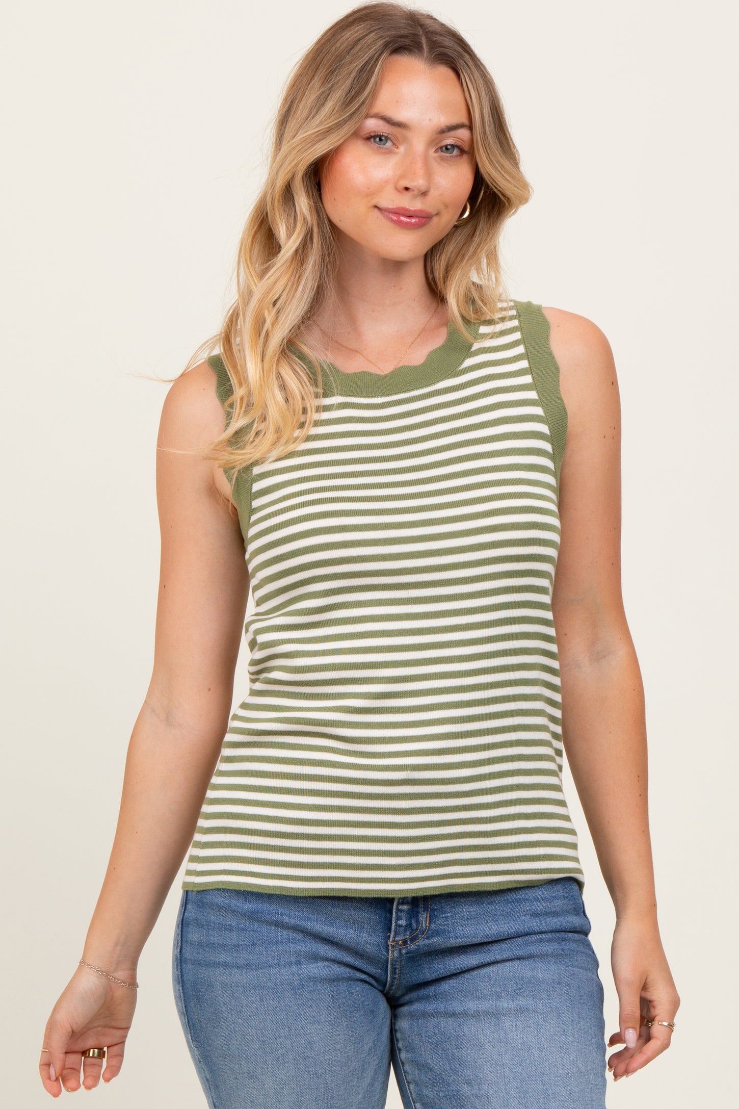 Olive Striped Knit Scallop Trim Sleeveless Maternity Top