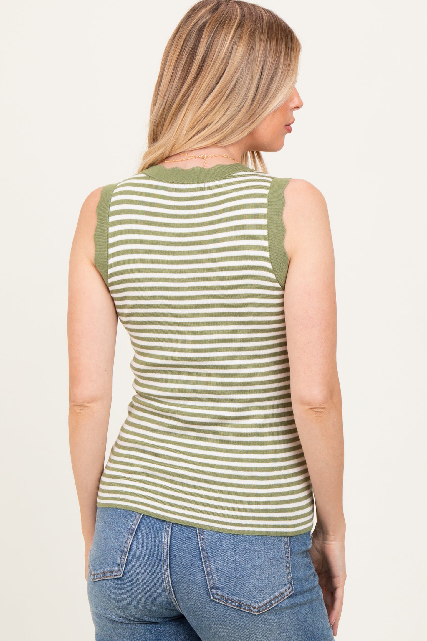 Olive Striped Knit Scallop Trim Sleeveless Maternity Top